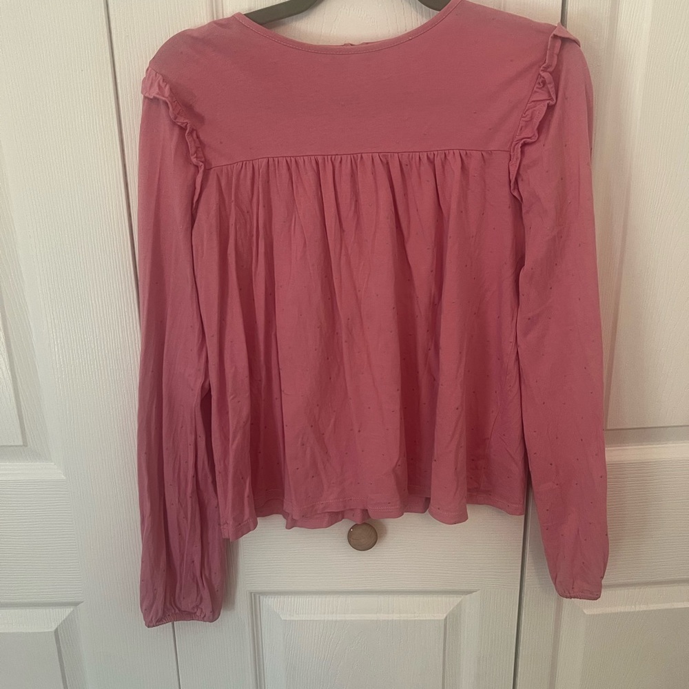 Mini Boden Girls Long Sleeve Pink Top with Ruffle & Gold Dot Print